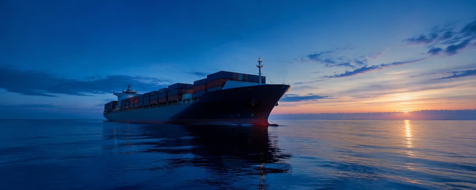Container ship at sea at dawn